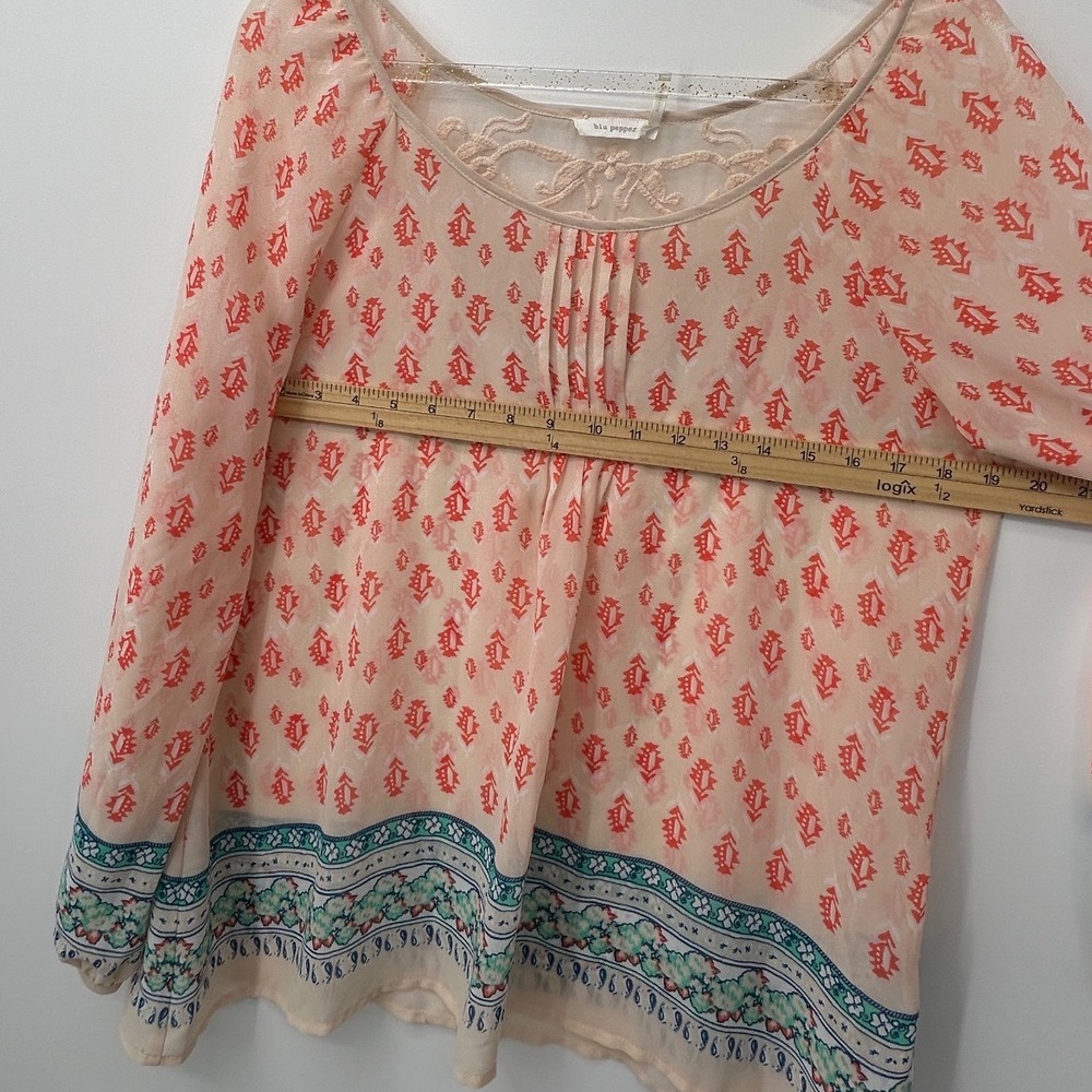 Blu Pepper Boho Sheer Peasant Blouse‎ Cream Coral Print Embroidered Back Size L - Picture 5 of 6